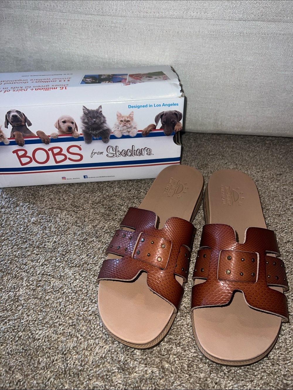BOBS from Skechers Brown Textured Slide Sandals with Stud Accents